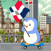 a penguin on a skateboard holding a flag with the word pengu on the bottom