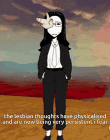 a cartoon of a woman in a suit with the words " the lesbian thoughts have physicalised "