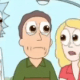 a cartoon of rick and morty standing next to each other with big eyes .