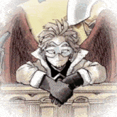 hawks from my hero academia is wearing a mask and gloves while leaning on a railing .