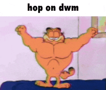 garfield is shown with his arms outstretched and the words hop on dwm above him