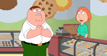 a cartoon of peter griffin and lois griffin in a cookie shop