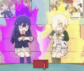 two anime girls are playing a video game and one has a purple background