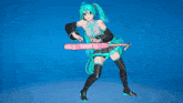 hatsune miku is playing a pink keyboard in a blue background