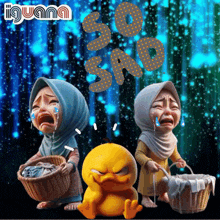 a cartoon of a girl crying next to a yellow duck with the words so sad behind them