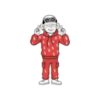 a cartoon of a monkey wearing a red hoodie with dollar signs on it