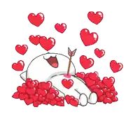 a cartoon character is laying in a pile of hearts with an arrow sticking out of his nose