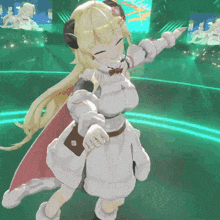 a girl in a white dress with horns is dancing