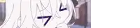a close up of a cartoon character 's face with a purple eye and white hair .