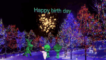 a happy birthday greeting card with trees and fireworks in the background