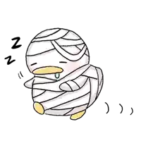 a cartoon duck wrapped in bandages is sleeping on a white background