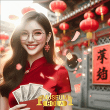 a woman in a red dress is smiling and holding a wallet full of money with museum bola written on the bottom