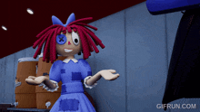 a cartoon doll with red hair and a blue eye has a gifrun.com watermark