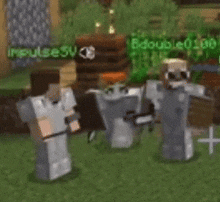 a group of minecraft characters are standing next to each other in the grass .