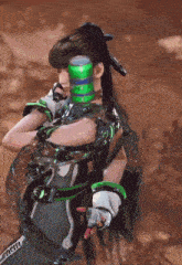 a woman in a futuristic outfit with a green headband that says ' nvt ' on it