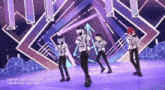 a group of anime characters dancing on a stage with a purple background