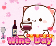 a cat holding a glass of wine and a bottle of wine