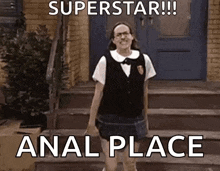 a woman in a school uniform is standing on a set of stairs with a caption that says `` anal place '' .