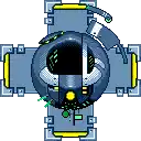 a pixel art drawing of a robot with a helmet on it .