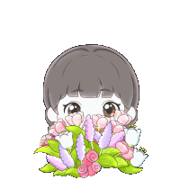 a girl is hiding behind a bunch of pink and purple flowers