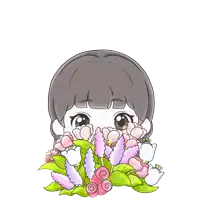 a girl is hiding behind a bunch of pink and purple flowers