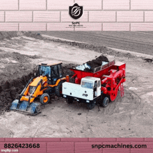 an advertisement for snpcmachines.com shows a tractor and a truck