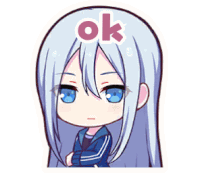 a cartoon of a girl with long white hair and blue eyes with the word ok on her head .