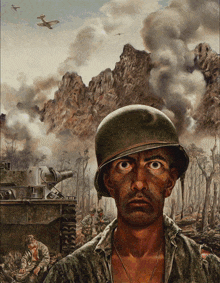 a painting of a man in a helmet with a tank behind him