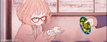 a cartoon of a girl with glasses giving something to another person with the website vayagif.com at the bottom