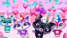 a group of animals wearing party hats are standing in front of balloons and hearts