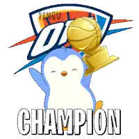 okc logo with a penguin holding a trophy