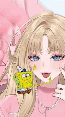 a blonde anime girl with a spongebob sticker on her head