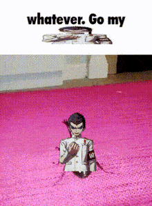 a picture of a man on a pink carpet with the words whatever go my on the bottom