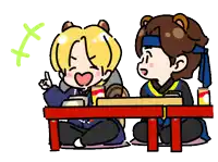 a cartoon of two boys sitting at a table with cans of soda