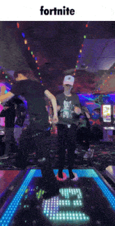two men are dancing on a dance floor and the word fortnite is on the bottom