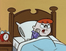 a cartoon character is laying in bed with a red alarm clock on the nightstand