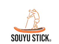 a logo for souyu stick with a person holding a surfboard