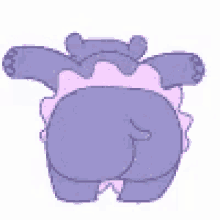 a purple hippopotamus with a pink bow on its tail is standing on its hind legs .