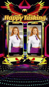 a happy tasking sign with a picture of a woman on a phone