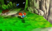 a cartoon squirrel in a blue shirt is running through a green field