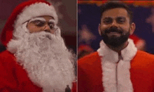 a man with a beard is dressed as santa claus and another man is dressed as santa claus .