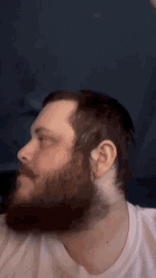 a man with a beard and mustache is wearing a white t-shirt