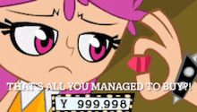 a cartoon girl is holding a red heart in her hand and says that 's all you managed to buy ..