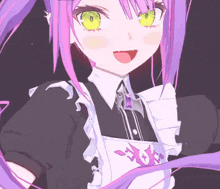 a girl with purple hair and green eyes is wearing an apron