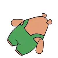 a cartoon drawing of a teddy bear wearing green shorts