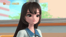 a cartoon girl is sitting in front of a window with a chinese logo on the bottom right corner