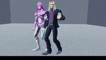 two cartoon characters are standing next to each other in a room .