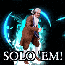 a man in a suit and tie is dancing in front of a blue circle that says solo em