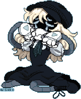 a pixel art drawing of a girl wearing a black hat