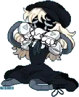 a pixel art drawing of a girl wearing a black hat
